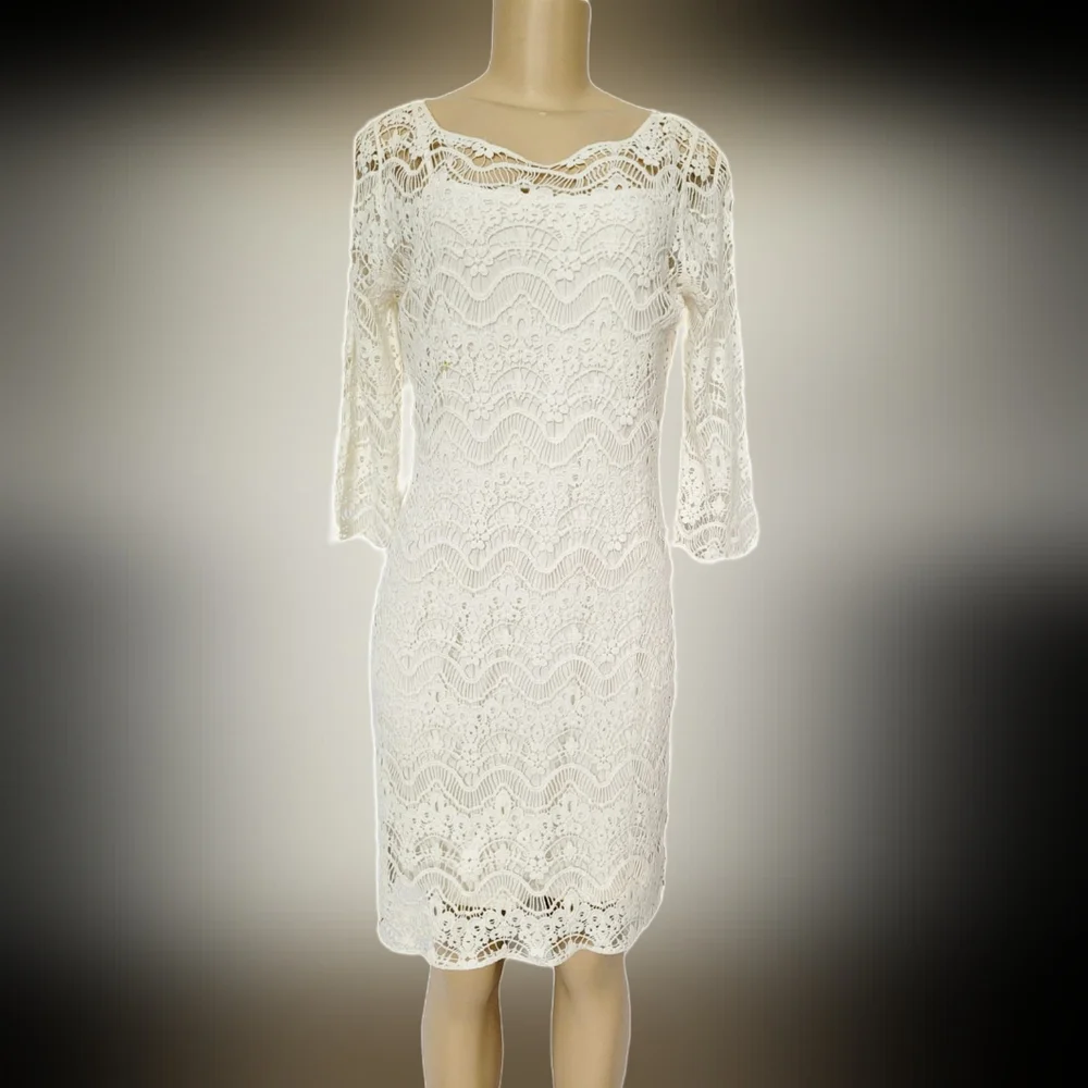 Ralph Lauren 100%Cotton White Crochet Sheath Dress 3/4 Sleeve Crew Neck Lined M - Picture 3 of 16
